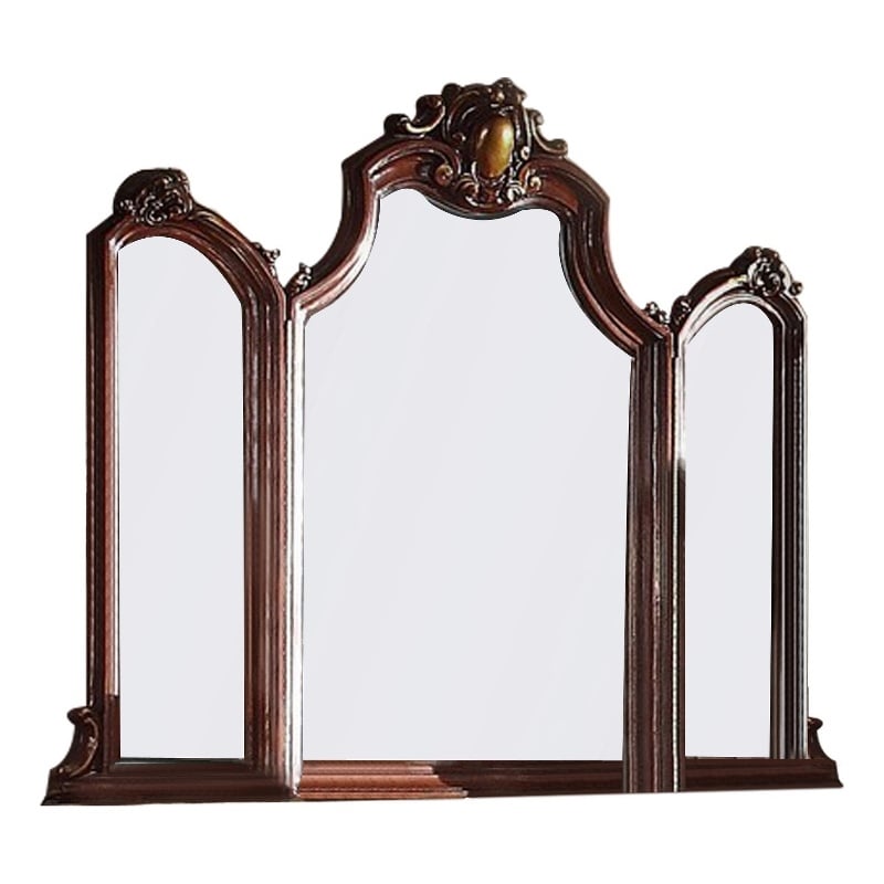 Benjara Wooden Frame Mirror with Arched Design and Carved Details- Brown