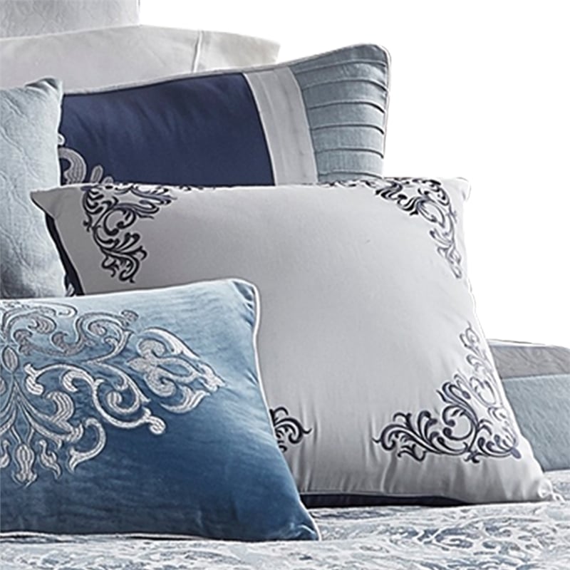Benjara 10 Piece King Polyester Comforter Set with Damask Prints- Blue and Gray