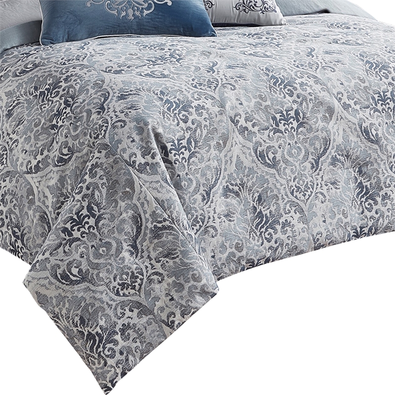 Benjara 9 Piece Queen Polyester Comforter Set with Damask Prints- Blue and Gray