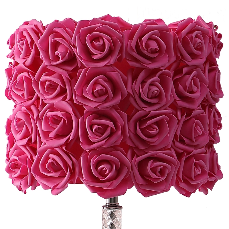 Benjara Bloom Roses Drum Shade Table Lamp with Twisted Acrylic Base- Red