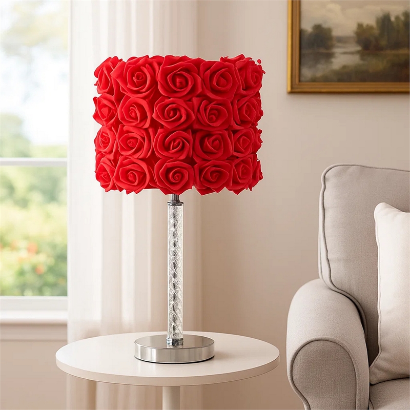 Benjara Bloom Roses Drum Shade Table Lamp with Twisted Acrylic Base- Red