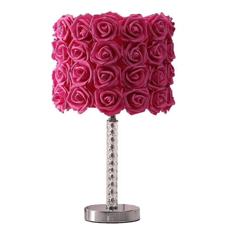 Benjara Bloom Roses Drum Shade Table Lamp with Twisted Acrylic Base- Red