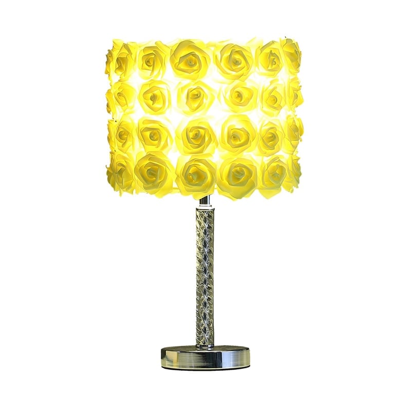 Benjara Bloom Roses Drum Shade Table Lamp with Twisted Acrylic Base- Yellow