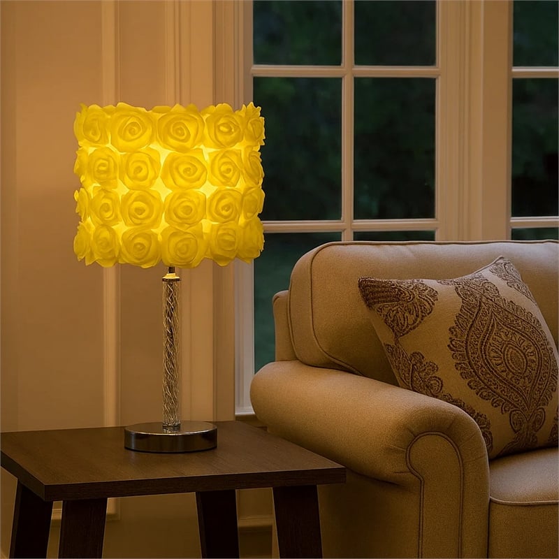 Benjara Bloom Roses Drum Shade Table Lamp with Twisted Acrylic Base- Yellow