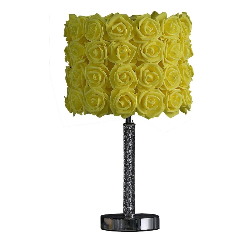 Benjara Bloom Roses Drum Shade Table Lamp with Twisted Acrylic Base- Yellow