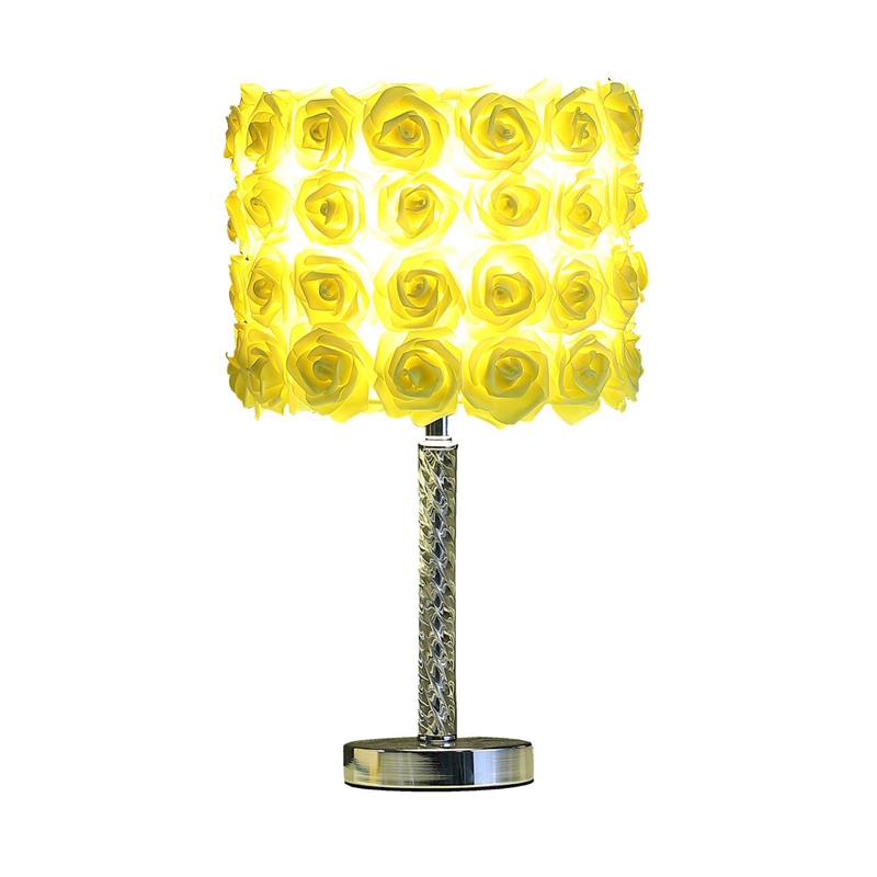 Benjara Bloom Roses Drum Shade Table Lamp with Twisted Acrylic Base- Yellow