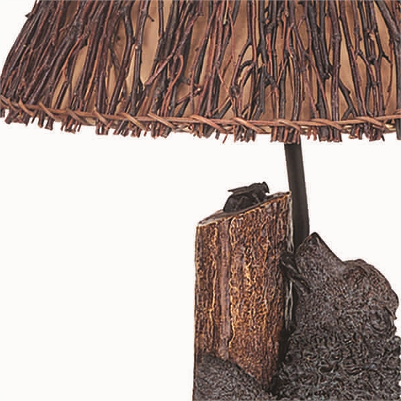 Benjara 150 Watt Resin Bear Body Table Lamp with Twig Shade- Gray and Brown