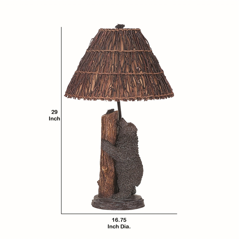Benjara 150 Watt Resin Bear Body Table Lamp with Twig Shade- Gray and Brown