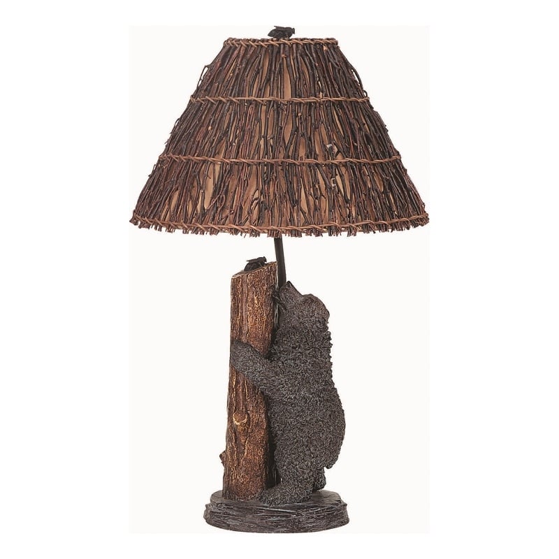 Benjara 150 Watt Resin Bear Body Table Lamp with Twig Shade- Gray and Brown