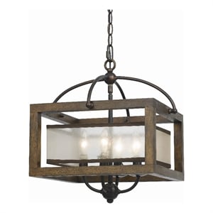 Benjara 4 Bulb Semi Flush Pendant w/ Wooden Frame & Organza Striped Shade-Brown