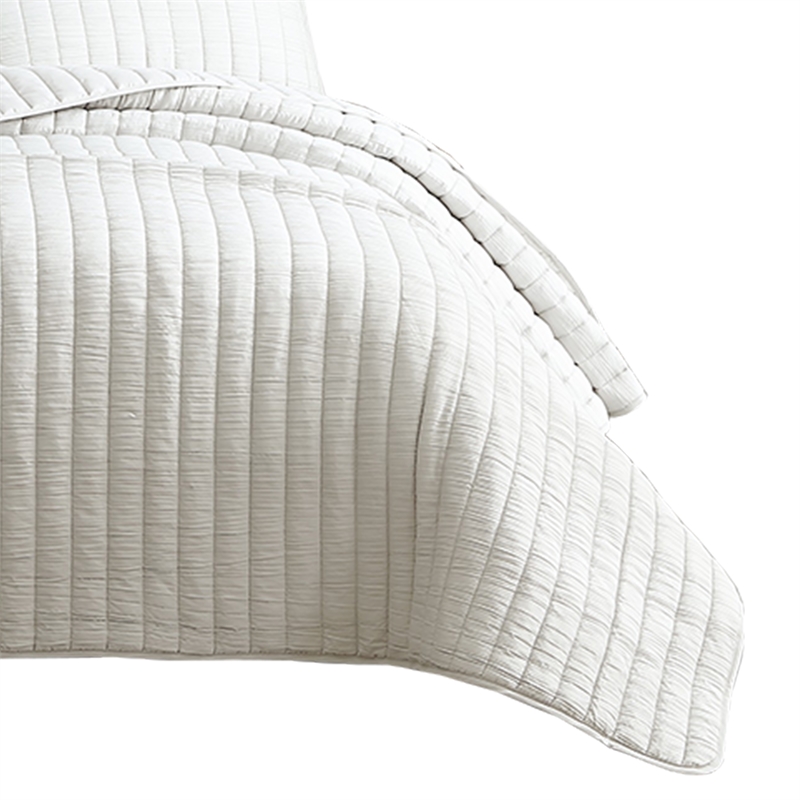 Benjara 3 Piece Crinkles King Size Coverlet Set with Vertical Stitching- White