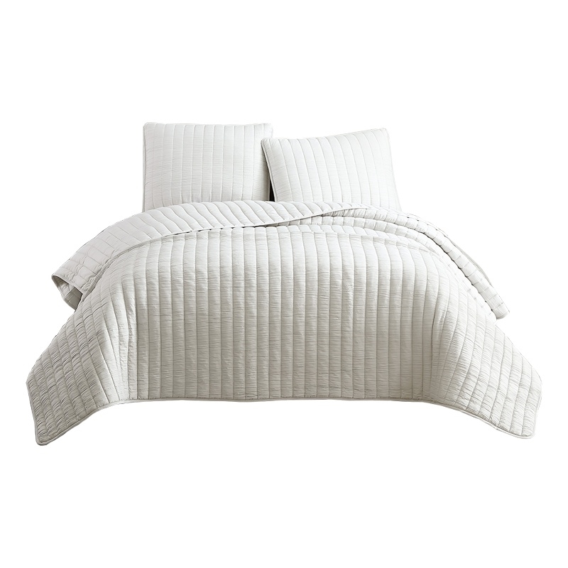 Benjara 3 Piece Crinkles King Size Coverlet Set with Vertical Stitching- White