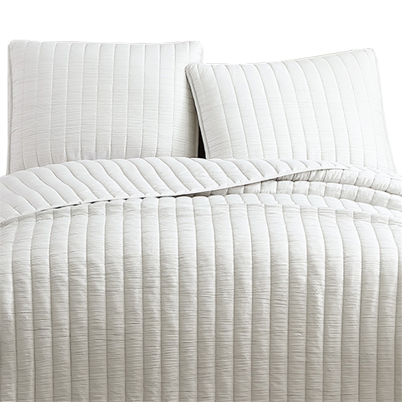 Benjara 3 Piece Crinkles King Size Coverlet Set with Vertical Stitching- White