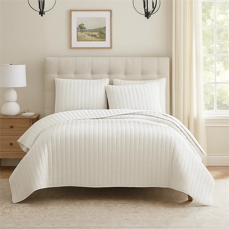 Benjara 3 Piece Crinkles King Size Coverlet Set with Vertical Stitching- White