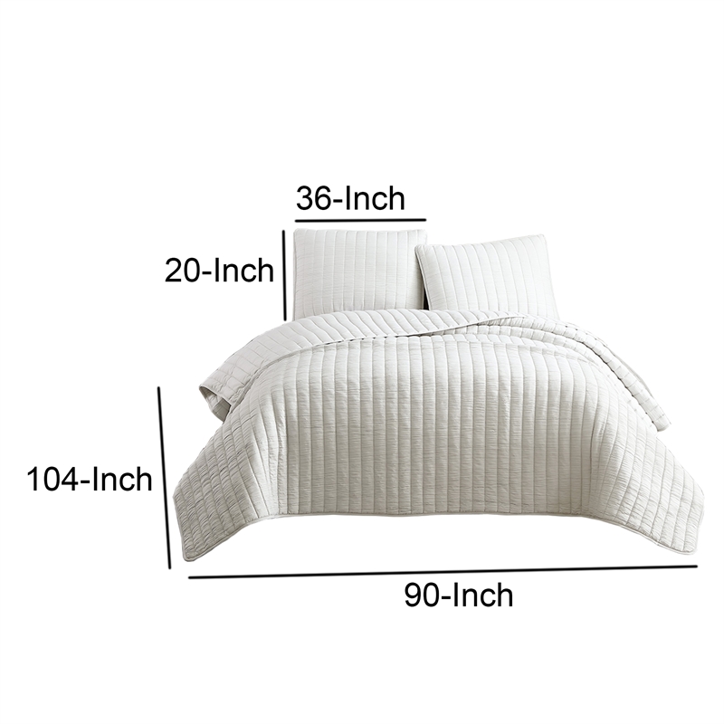 Benjara 3 Piece Crinkles King Size Coverlet Set with Vertical Stitching- White