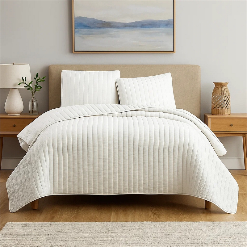 Benjara 3 Piece Crinkles King Size Coverlet Set with Vertical Stitching- White