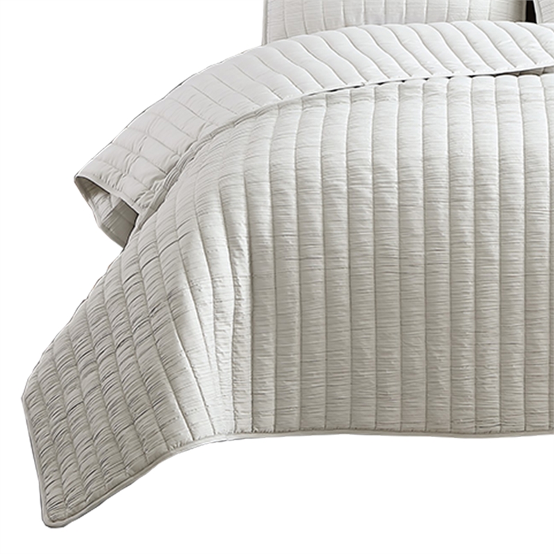 Benjara 3 Piece Crinkles King Size Coverlet Set with Vertical Stitching- White