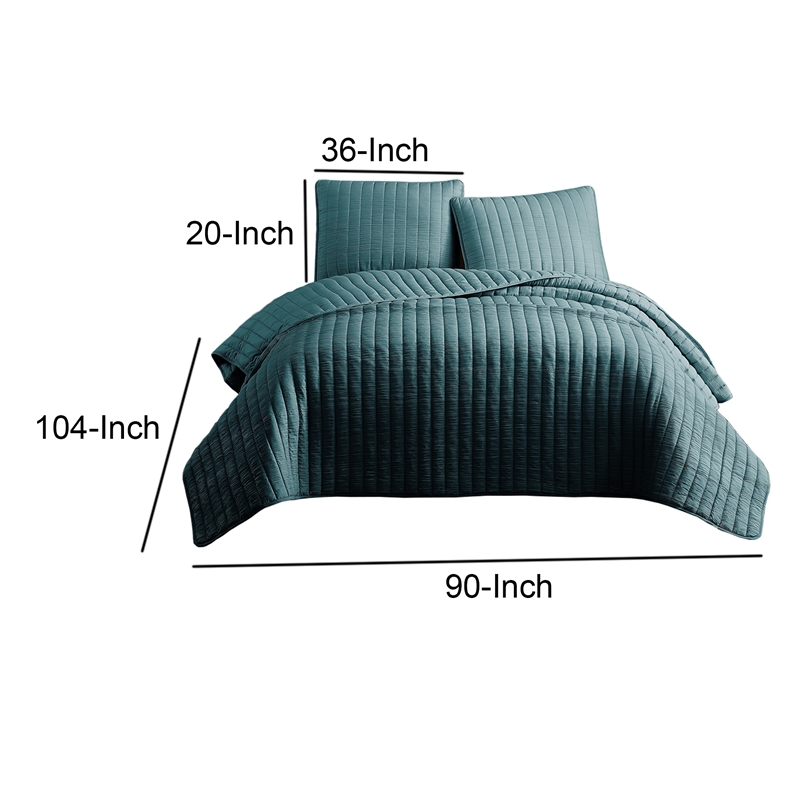 Benjara 3 PC Crinkle King Coverlet Set with Vertical Stitching- Turquoise Blue