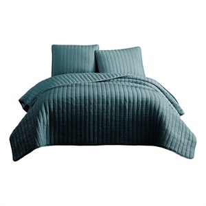 Benjara 3 PC Crinkle King Coverlet Set with Vertical Stitching- Turquoise Blue