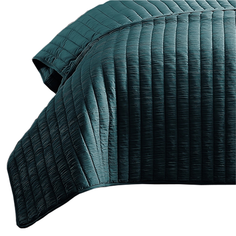 Benjara 3 PC Crinkle Queen Coverlet Set with Vertical Stitching- Turquoise Blue