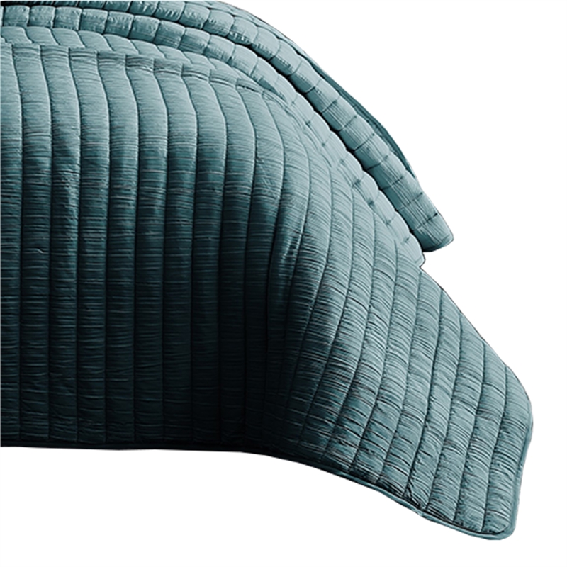 Benjara 3 PC Crinkle Queen Coverlet Set with Vertical Stitching- Turquoise Blue