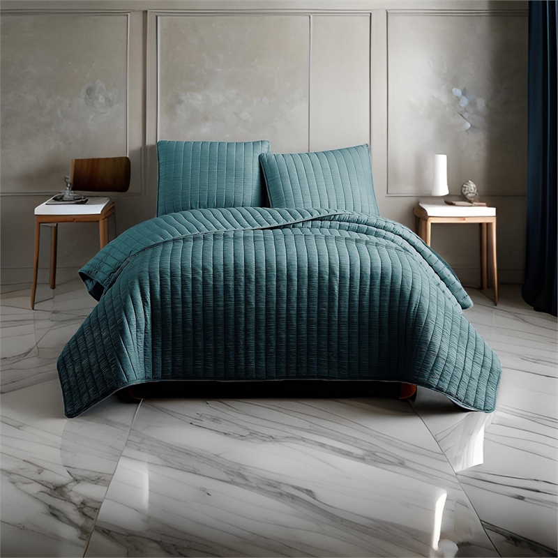 Benjara 3 PC Crinkle Queen Coverlet Set with Vertical Stitching- Turquoise Blue