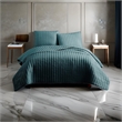 Benjara 3 PC Crinkle Queen Coverlet Set with Vertical Stitching- Turquoise Blue