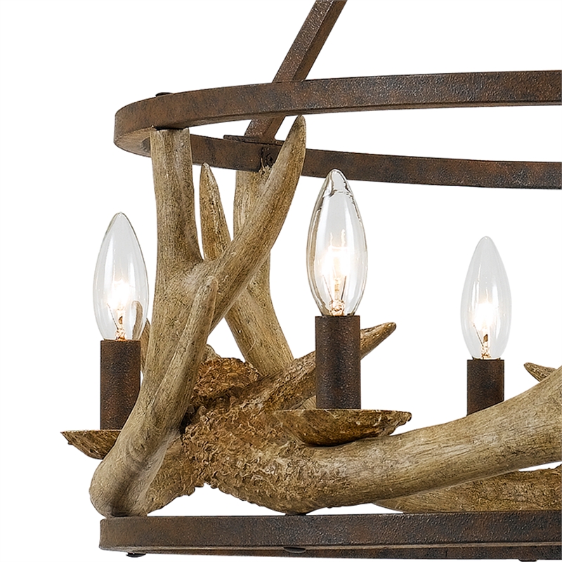 Benjara 6 Bulb Metal Frame Chandelier with Resin Antler -Dark Bronze & Gold