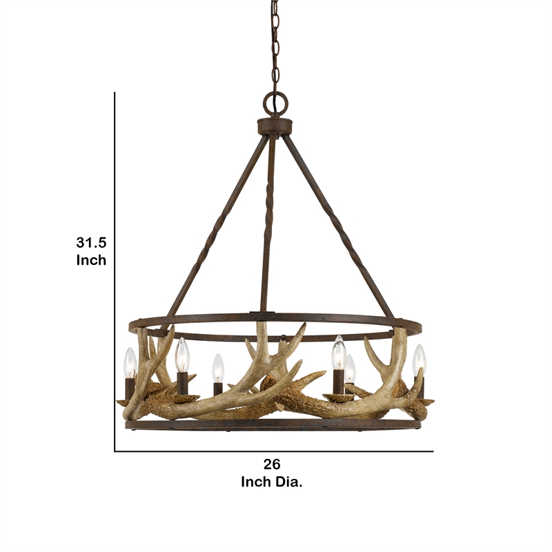 Benjara 6 Bulb Metal Frame Chandelier with Resin Antler -Dark Bronze & Gold