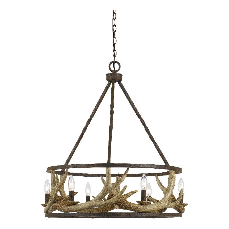 Benjara 6 Bulb Metal Frame Chandelier with Resin Antler -Dark Bronze & Gold