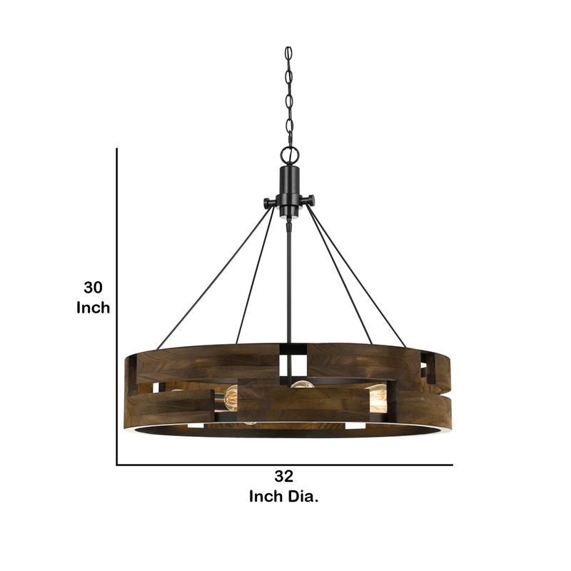 Benjara 9 Bulb Round Wooden Frame Chandelier with Geometric Cut Out Design-Brown