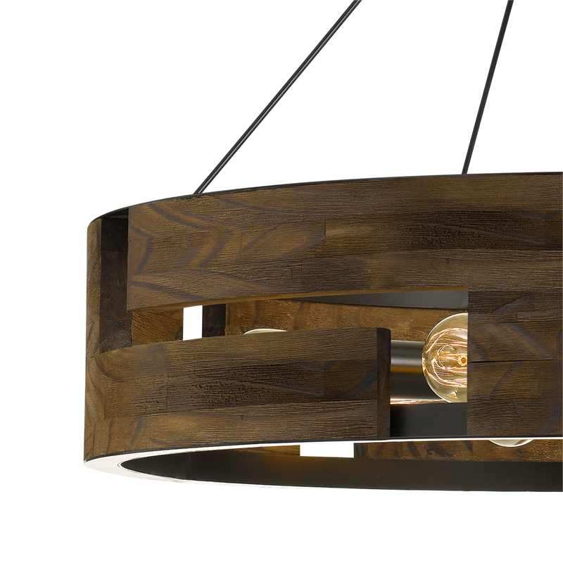 Benjara 9 Bulb Round Wooden Frame Chandelier with Geometric Cut Out Design-Brown