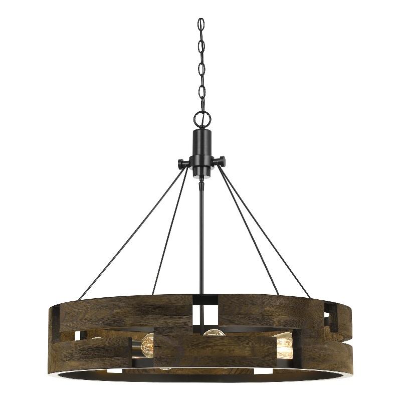 Benjara 9 Bulb Round Wooden Frame Chandelier with Geometric Cut Out Design-Brown