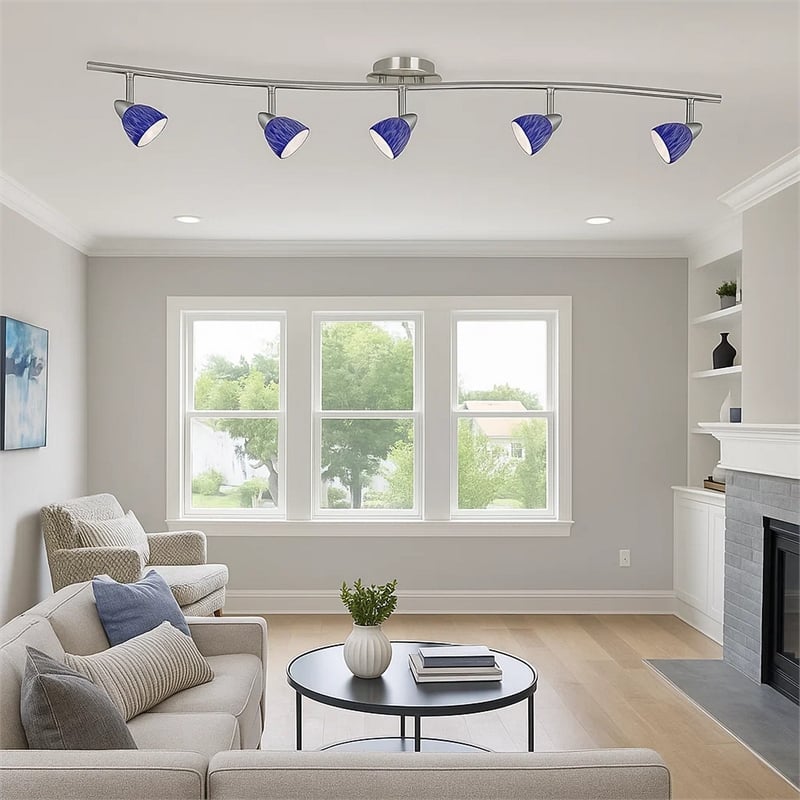 Benjara 5 Light 120V Metal Track Light Fixture with Textured Shade-Silver & Blue