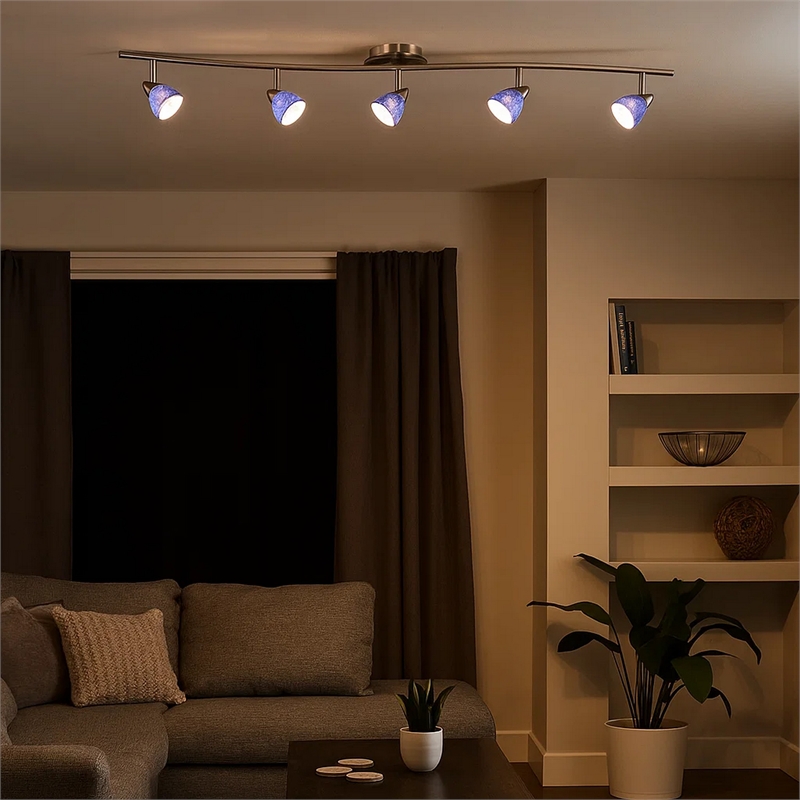 Benjara 5 Light 120V Metal Track Light Fixture with Textured Shade-Silver & Blue
