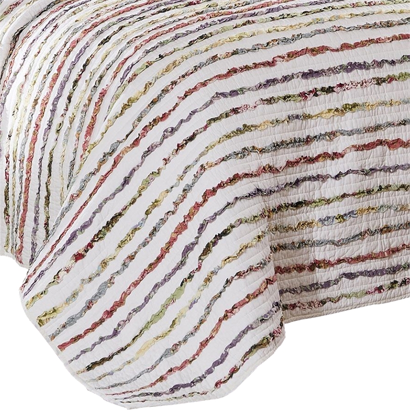 Benjara Five PC King Size Cotton Quilt Set with Sewn Floral Ruffles-Multicolor