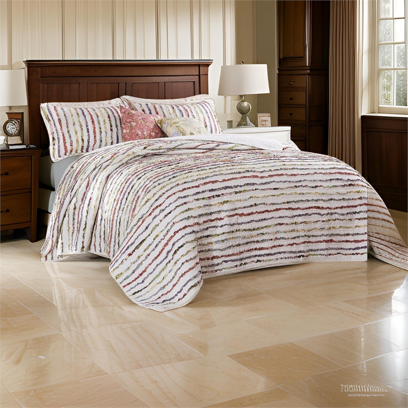 Benjara Five PC King Size Cotton Quilt Set with Sewn Floral Ruffles-Multicolor