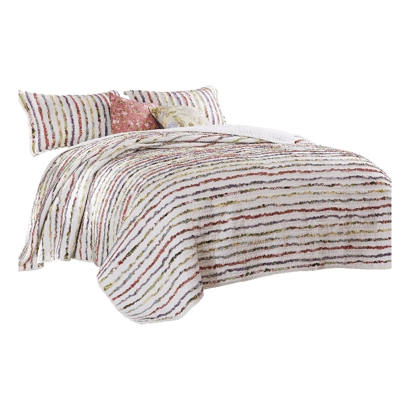 Benjara Five PC King Size Cotton Quilt Set with Sewn Floral Ruffles-Multicolor