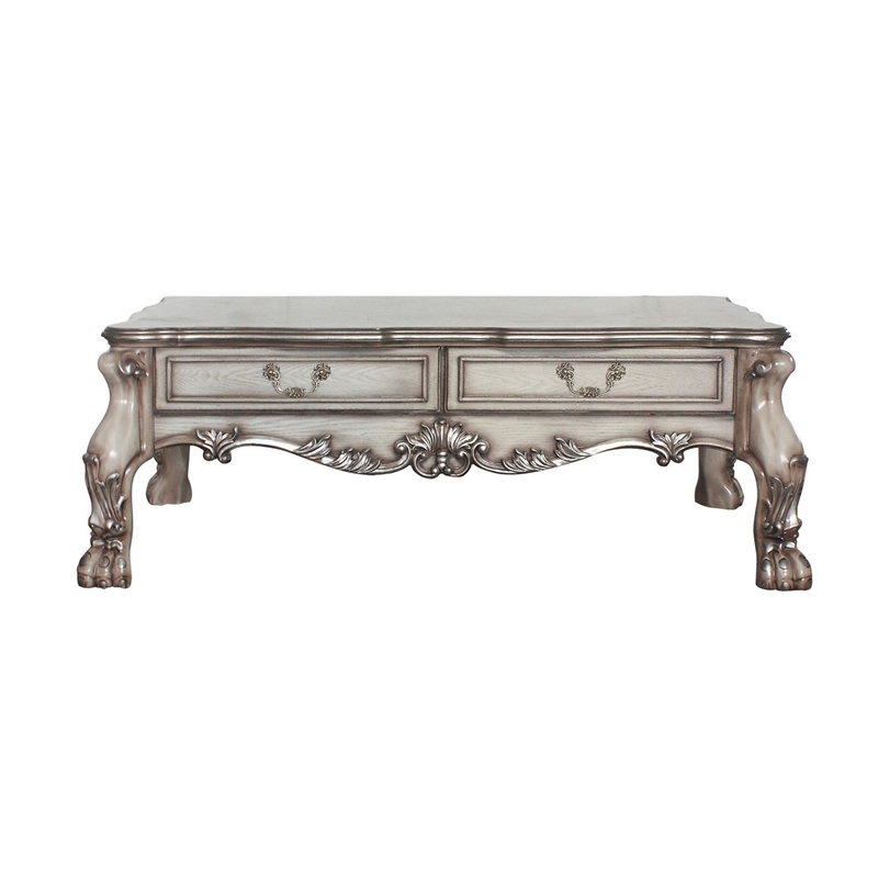 Benjara 2 Drawers Wooden Coffee Table with Oversized Claw Legs- Antique Silver