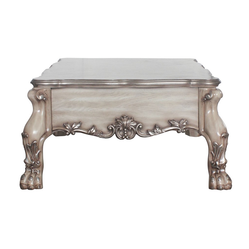 Benjara 2 Drawers Wooden Coffee Table with Oversized Claw Legs- Antique Silver