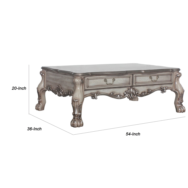 Benjara 2 Drawers Wooden Coffee Table with Oversized Claw Legs- Antique Silver