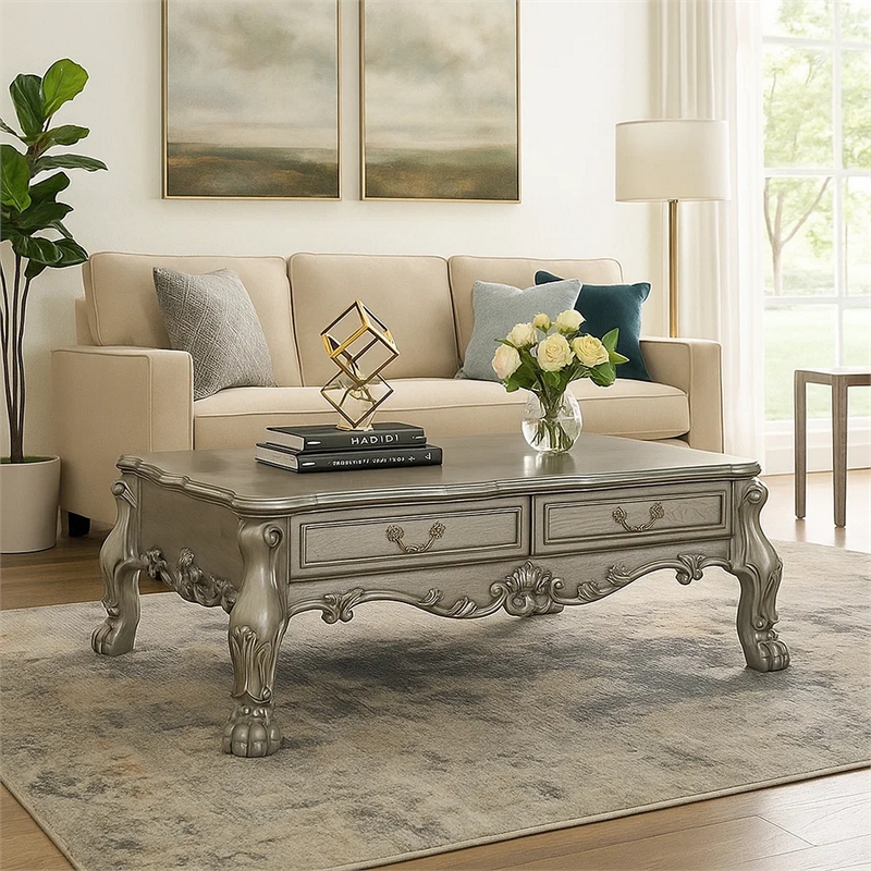 Benjara 2 Drawers Wooden Coffee Table with Oversized Claw Legs- Antique Silver