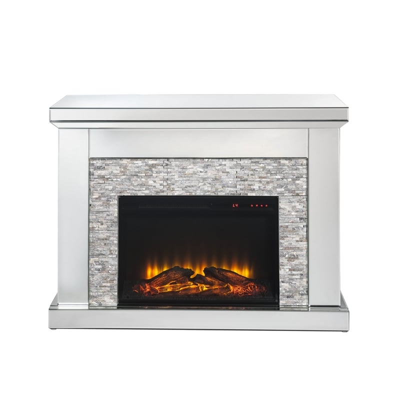 Benjara Electric Fireplace with Mirror Panel Framing and Stones Inlay- Silver