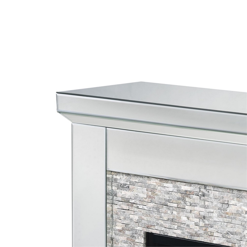 Benjara Electric Fireplace with Mirror Panel Framing and Stones Inlay- Silver