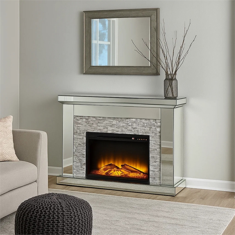 Benjara Electric Fireplace with Mirror Panel Framing and Stones Inlay- Silver