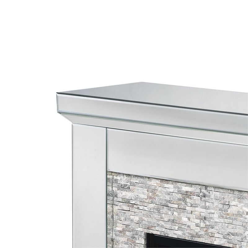 Benjara Electric Fireplace with Mirror Panel Framing and Stones Inlay- Silver
