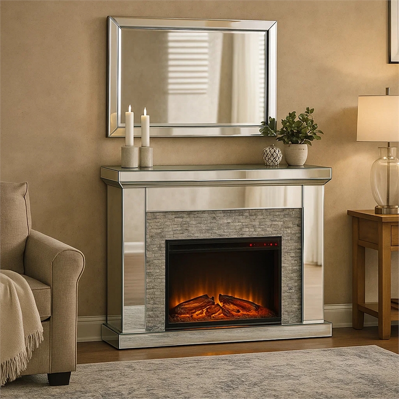 Benjara Electric Fireplace with Mirror Panel Framing and Stones Inlay- Silver
