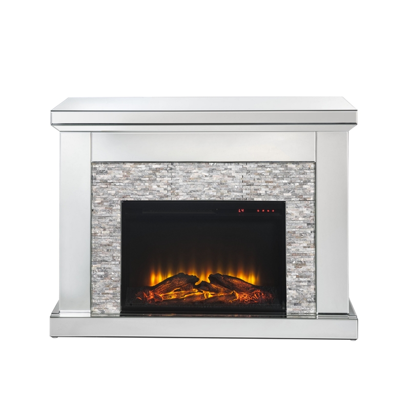 Benjara Electric Fireplace with Mirror Panel Framing and Stones Inlay- Silver