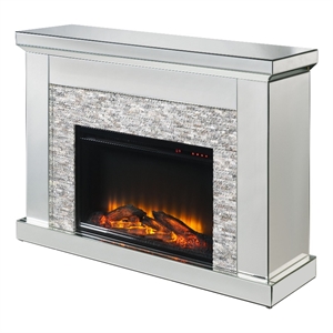 Benjara Electric Fireplace with Mirror Panel Framing and Stones Inlay- Silver