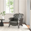Benjara Traditional Leatherette Chair with Button Tufted and Carved Details-Gray